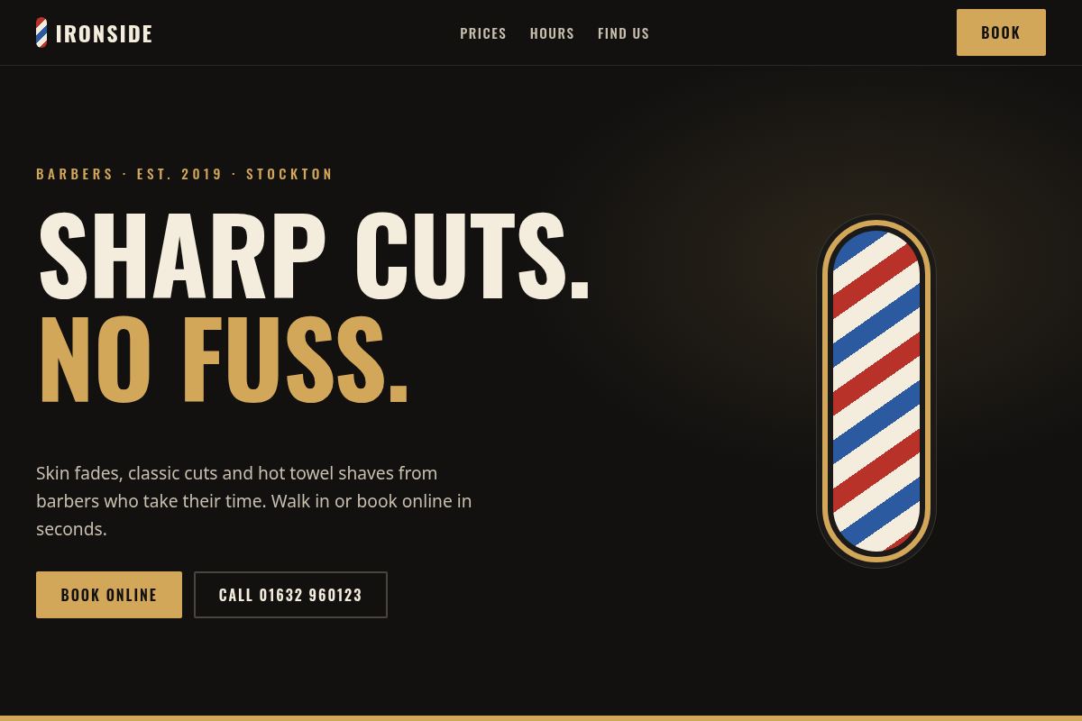 Homepage of the Ironside Barbers concept website
