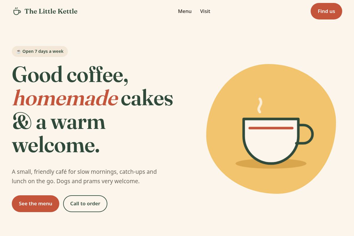 Homepage of The Little Kettle concept café website