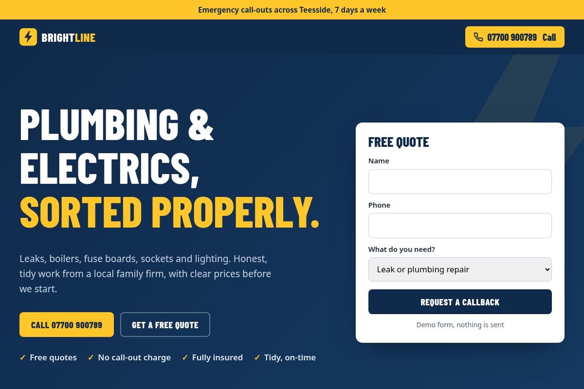 Homepage of the Brightline Plumbing and Electrical concept website